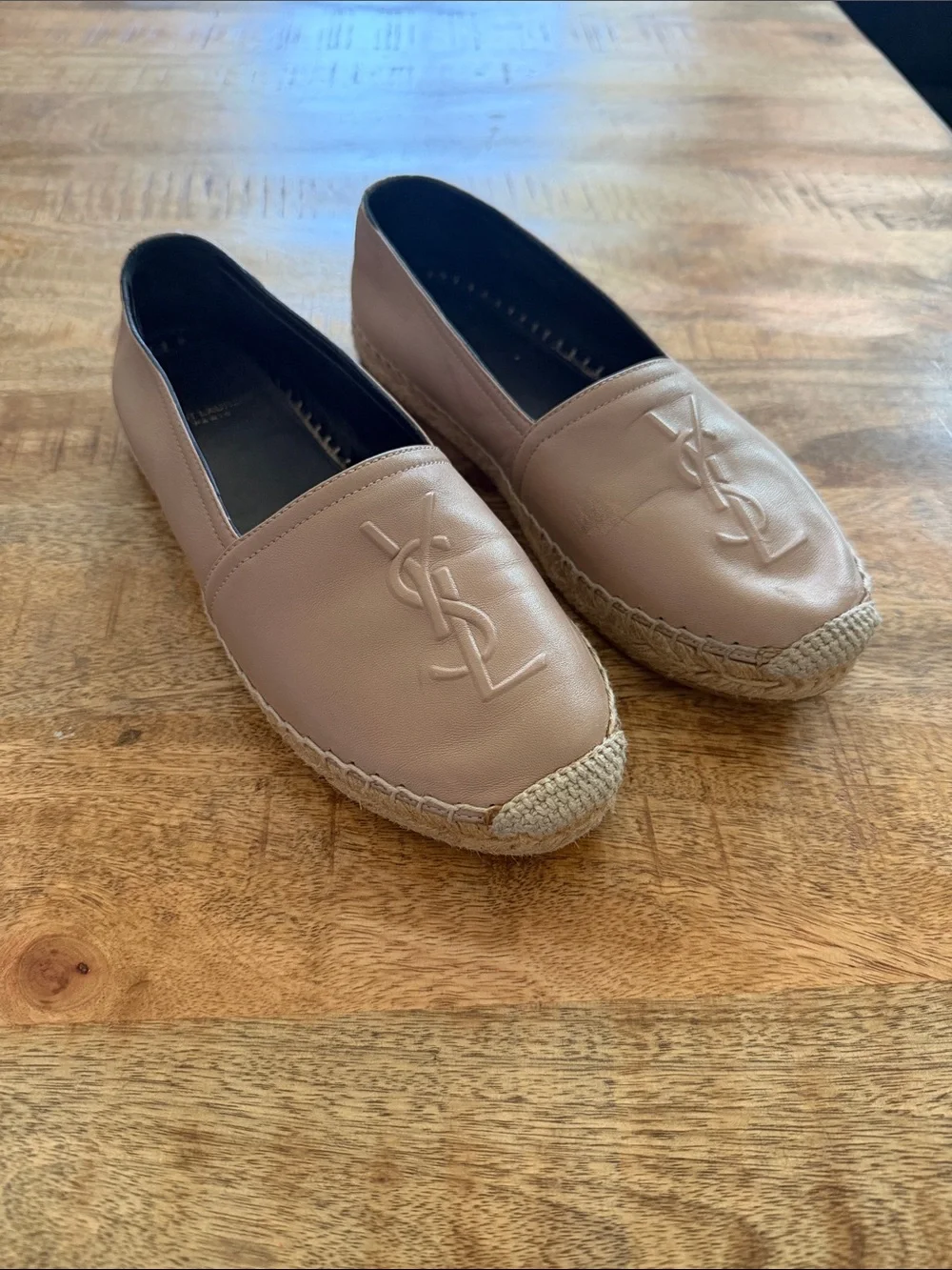 Saint Laurent Nude Leather Espadrille Flats with YSL Logo